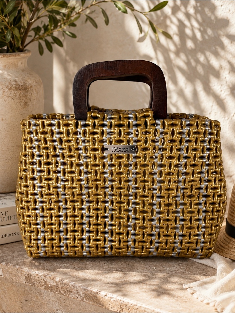 THARA Handmade Wire Koodai Basket Tote Gold Silver Wood Handle Artisan Bag